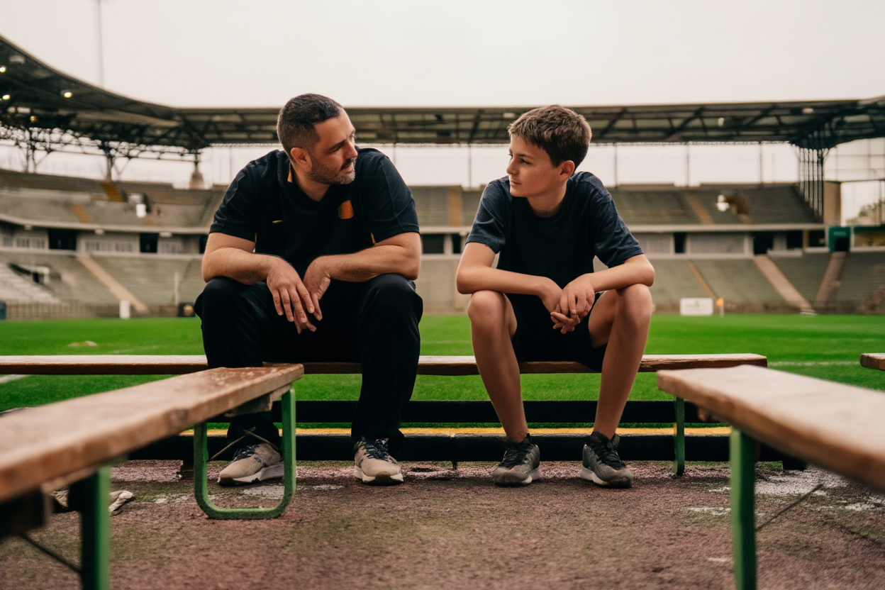 A youth coach crouches at the sideline talking to a young athlete during a training session