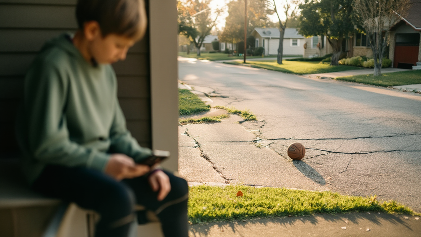 Empty suburban street at golden hour with a worn basketball in the gutter and a child on a front porch looking at a phone