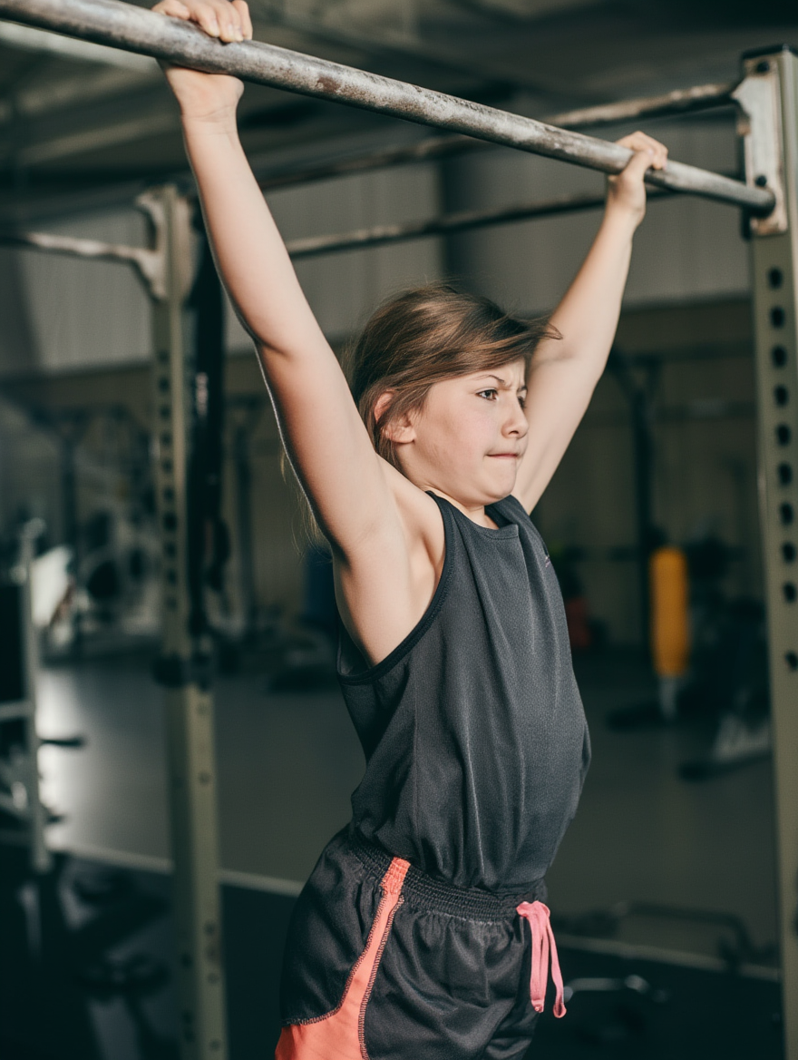 A young girl hanging from a pull-up bar in a gym, arms extended overhead, focused expression
