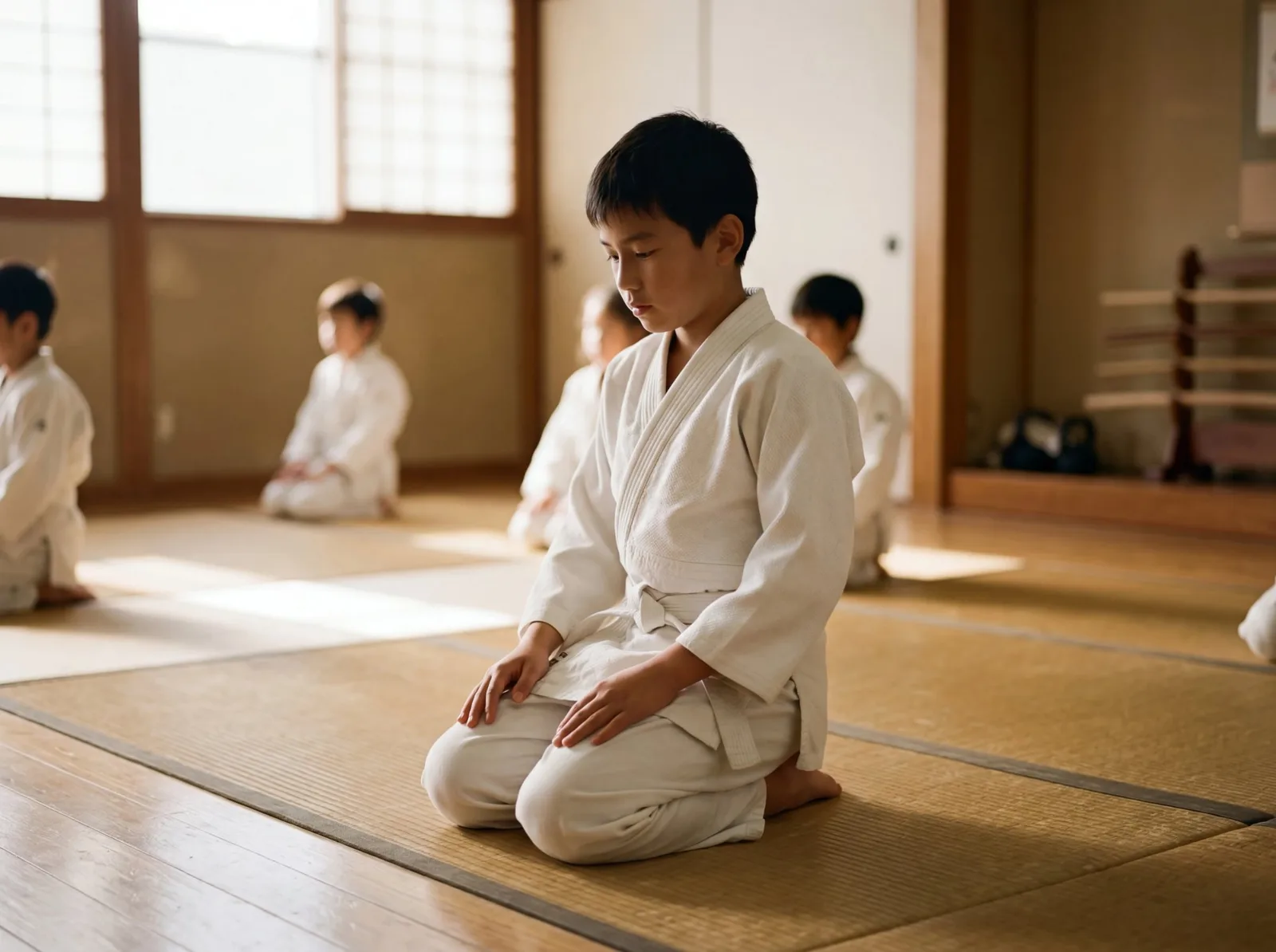 A boy in a white gi kneels on a dojo mat, eyes down, hands positioned in quiet focus, practising alone in warm side light