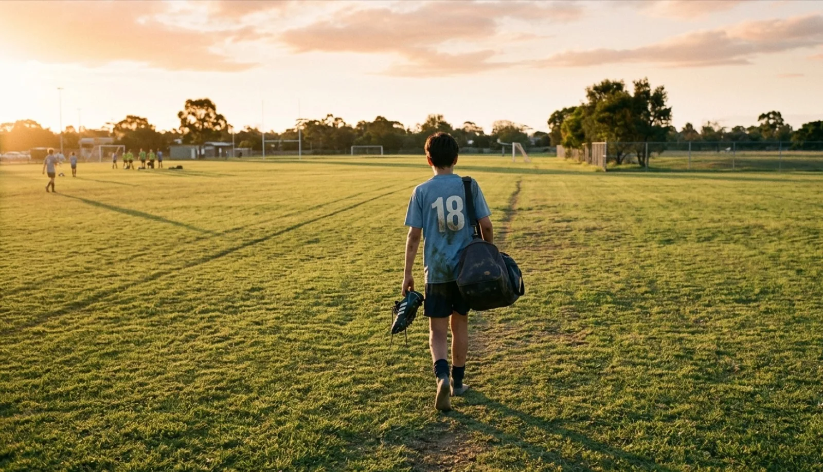 A boy in a blue number 18 jersey walks alone across a grass field at golden hour, cleats in one hand and bag over his shoulder, teammates distant behind him