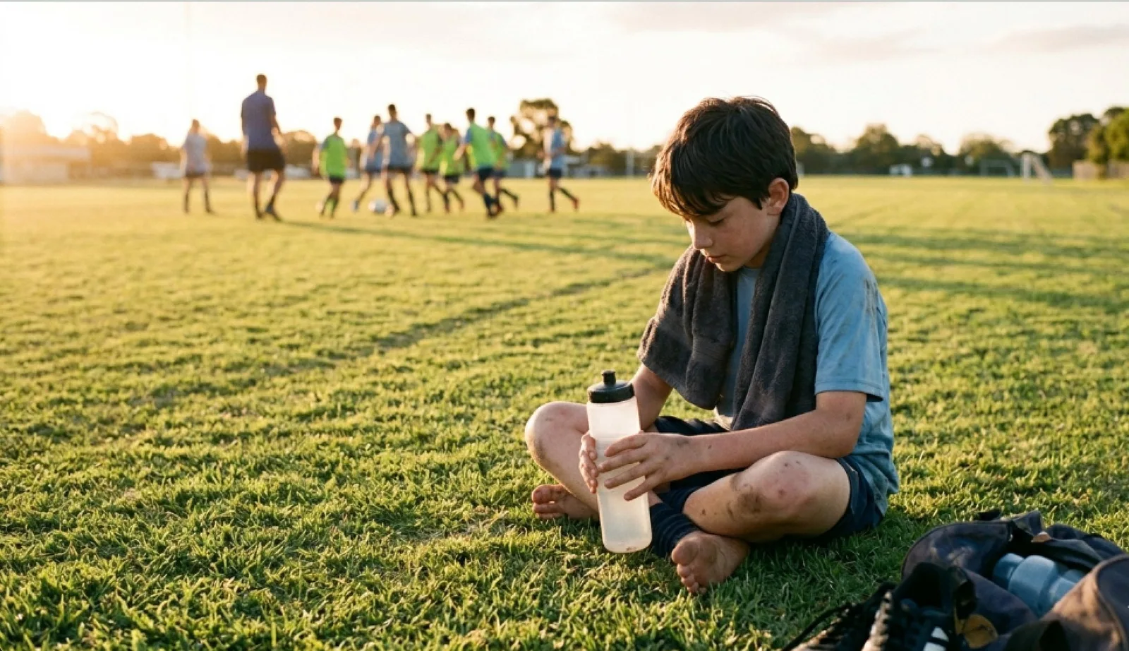 A boy sits cross-legged on the grass at the edge of the pitch, towel over his shoulder, holding a water bottle while teammates train in the golden-hour background