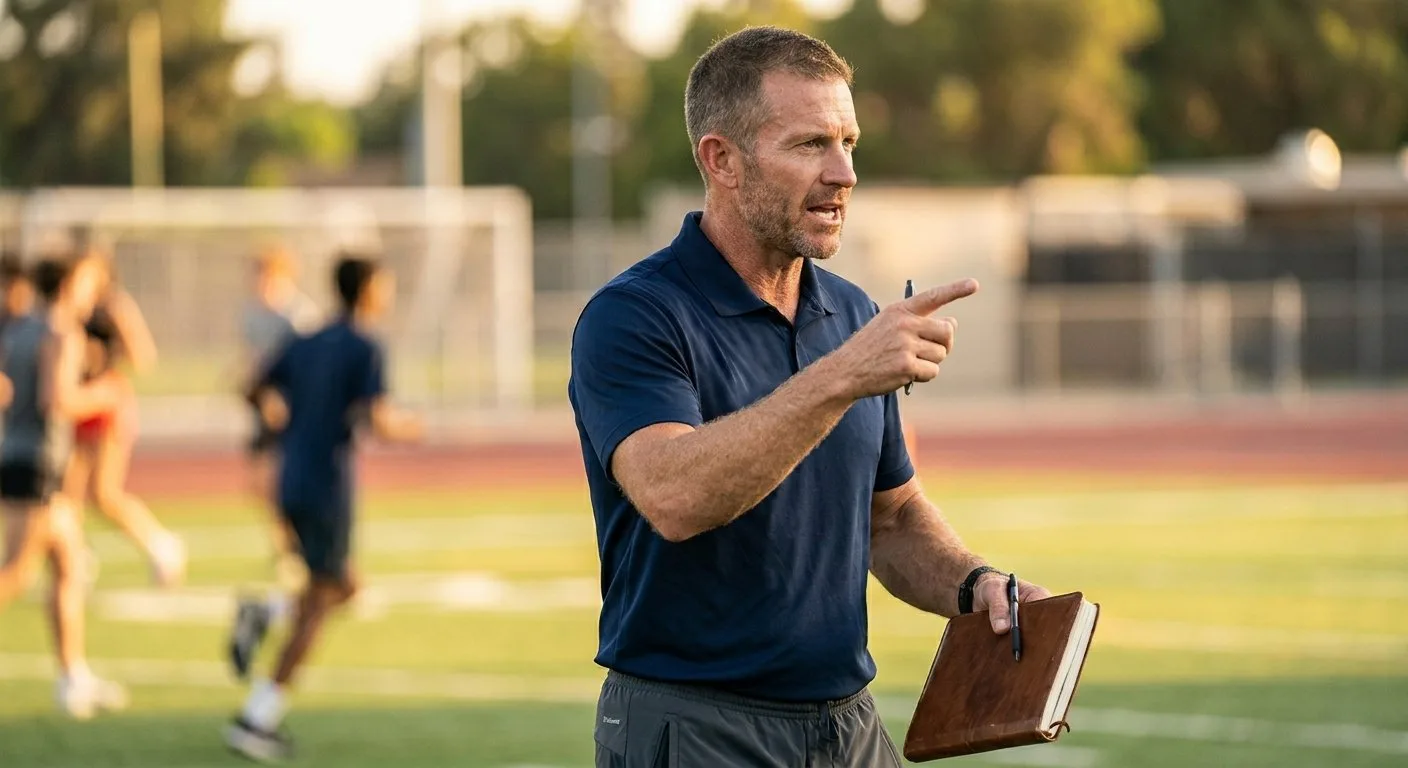 A coach in a navy polo gestures with one hand while holding a leather notebook in the other, athletes training in soft focus behind him at golden hour