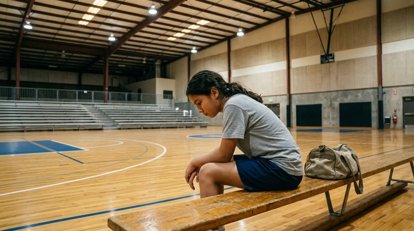 A girl sits alone on a bench in an empty gymnasium