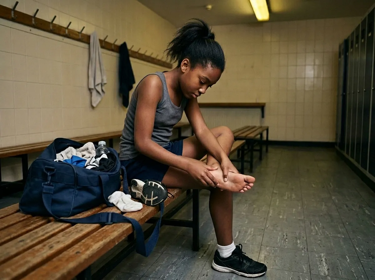 A young athlete sits on a locker room bench checking her foot after practice, gym bag beside her