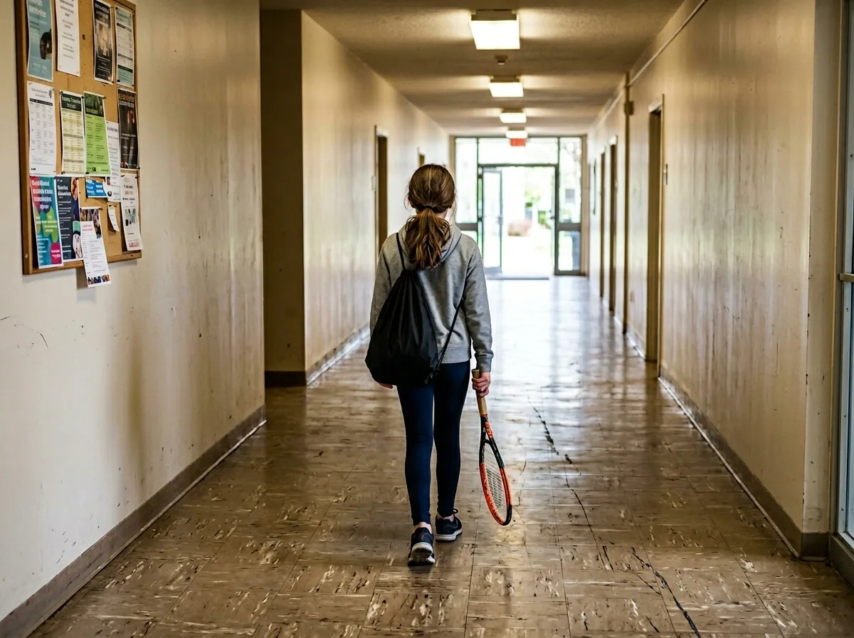 A girl walks down a recreation centre corridor carrying a tennis racquet