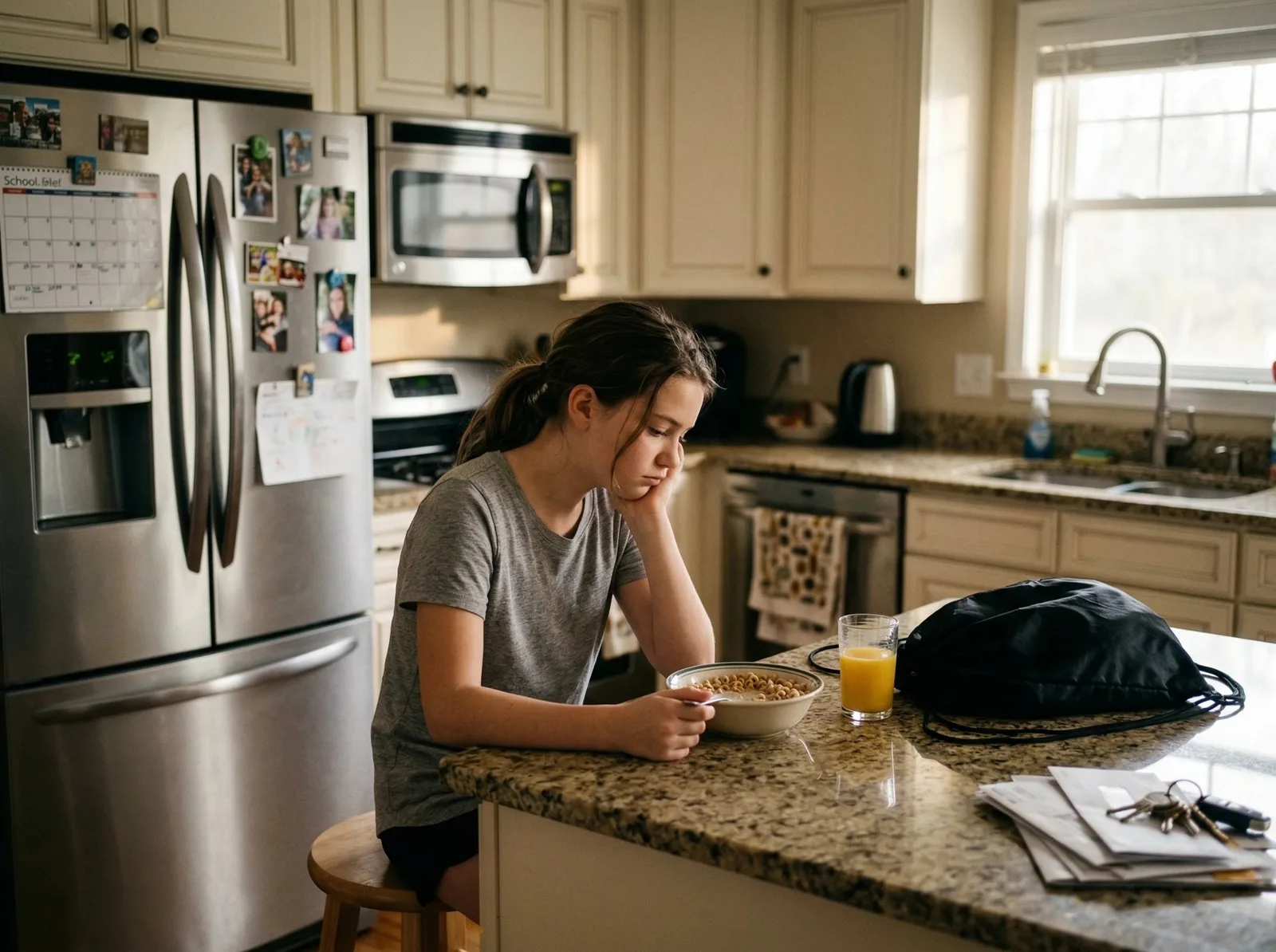 A girl sits at a kitchen counter before school, chin in hand, staring down at her cereal – the last quiet moment before the day begins