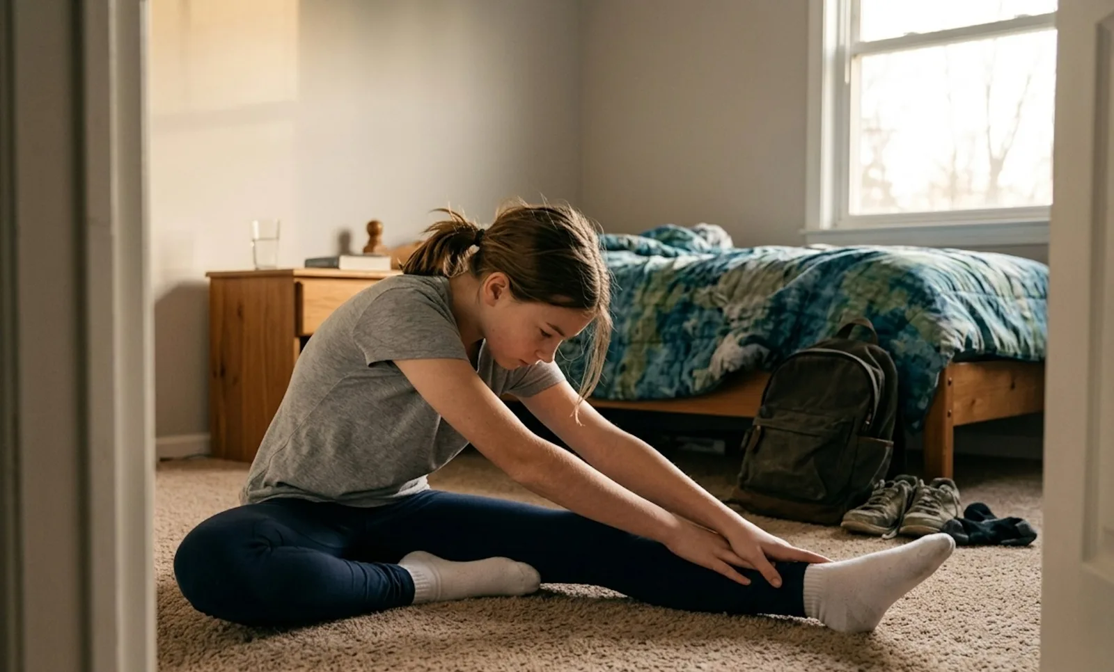 A teenage girl in athletic leggings stretches on her bedroom floor, reaching for her toes, readiness carried into her own space
