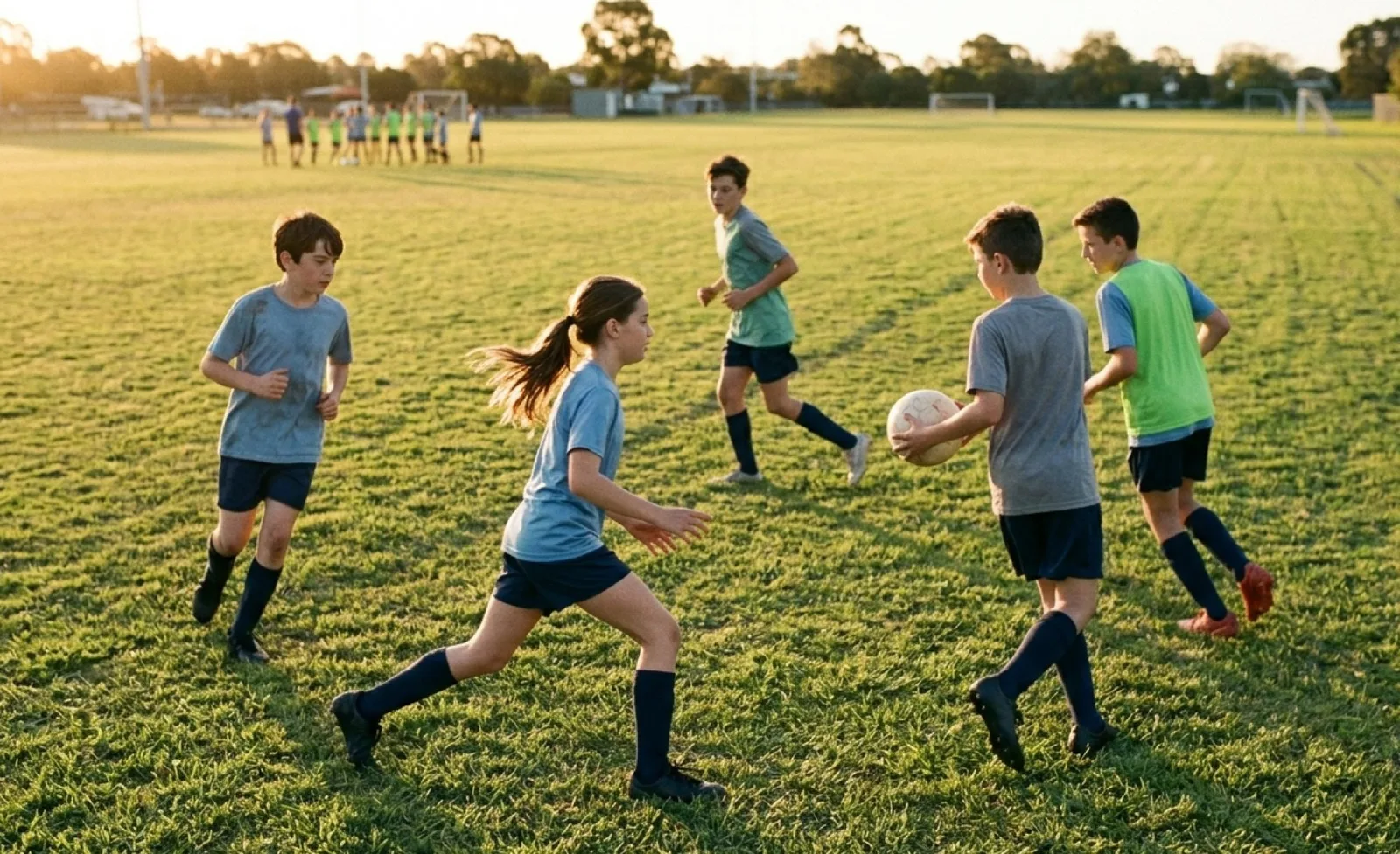 Five young athletes in training bibs run a warm-up drill on a grass pitch at golden hour, a girl with a ponytail reaching for the ball in the centre