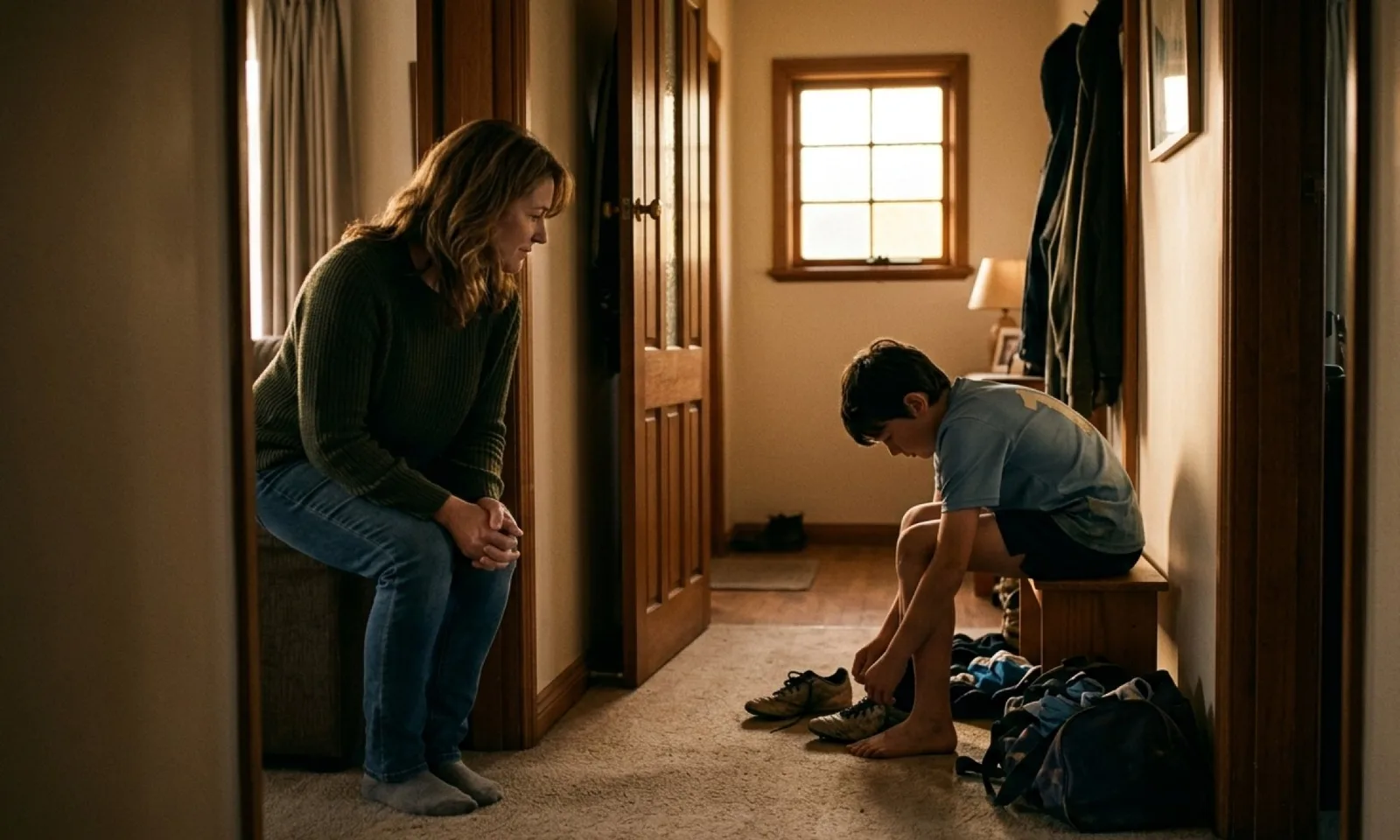 A mother leans against a doorframe watching her son lace up his trainers in a warm hallway, kit bag and shoes scattered on the floor