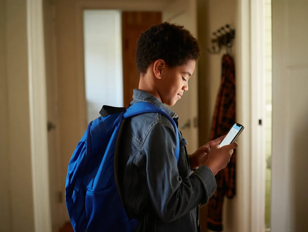 A child checking their phone before school – morning routine, not surveillance