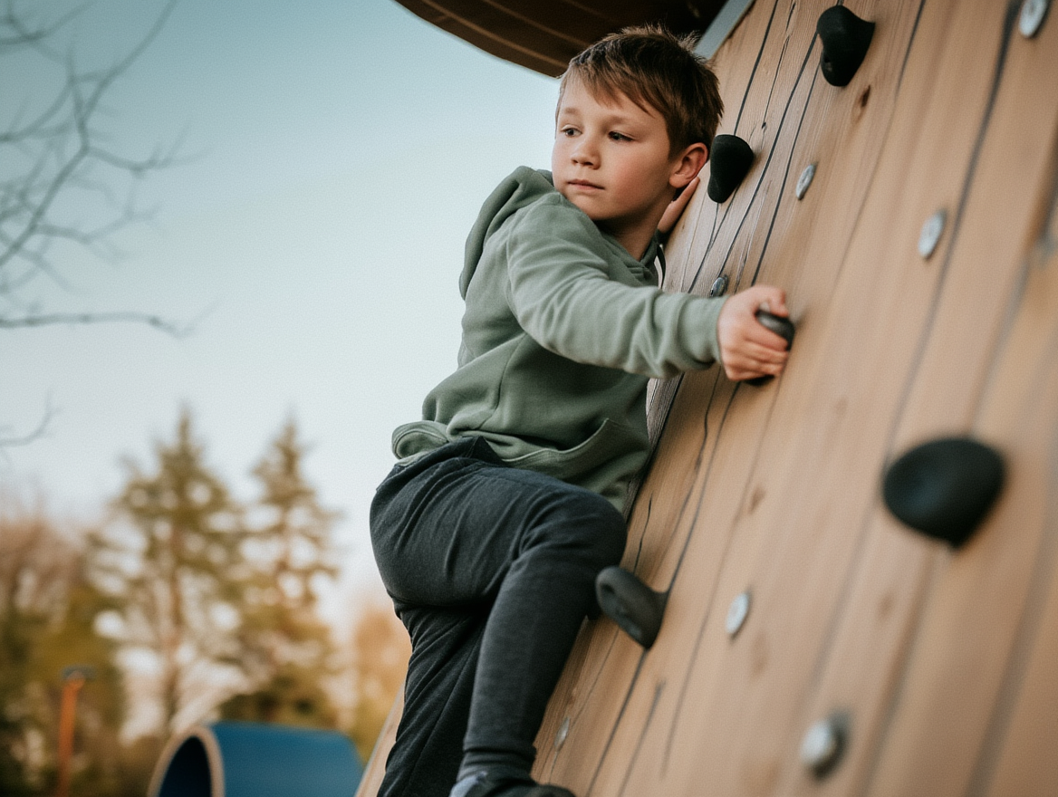 A young boy in a green hoodie hanging from a playground climbing frame, smiling, a misty park in the background