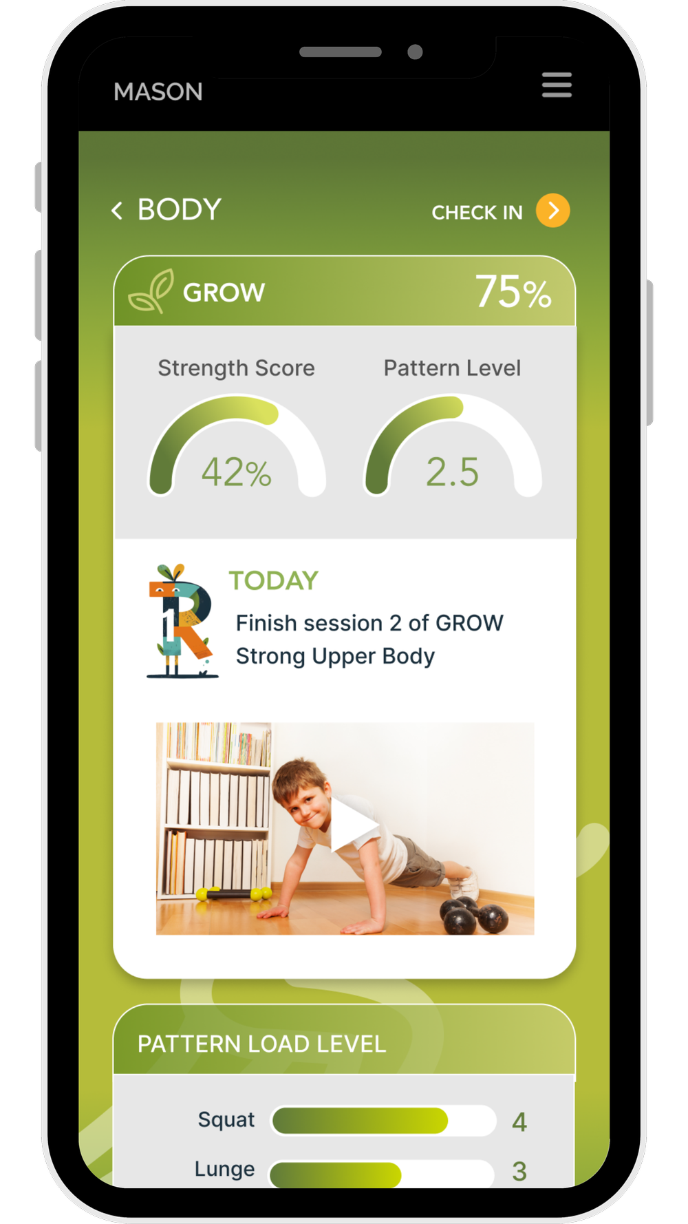 R1 app Body domain screen showing a Grow state at 75 percent, with Strength Score and Pattern Level