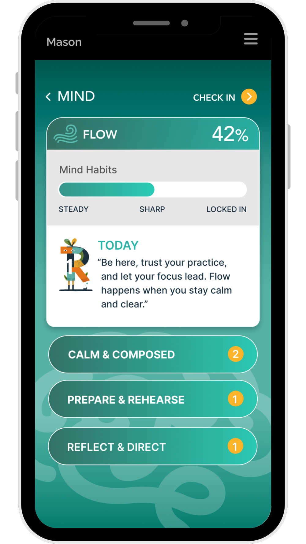 R1 app Mind domain screen showing a Flow state at 42 percent, with Mind Habits and a daily focus prompt