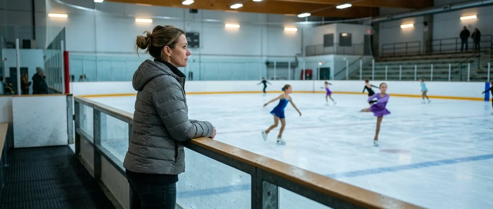 A parent watching youth figure skating practice from the rink boards