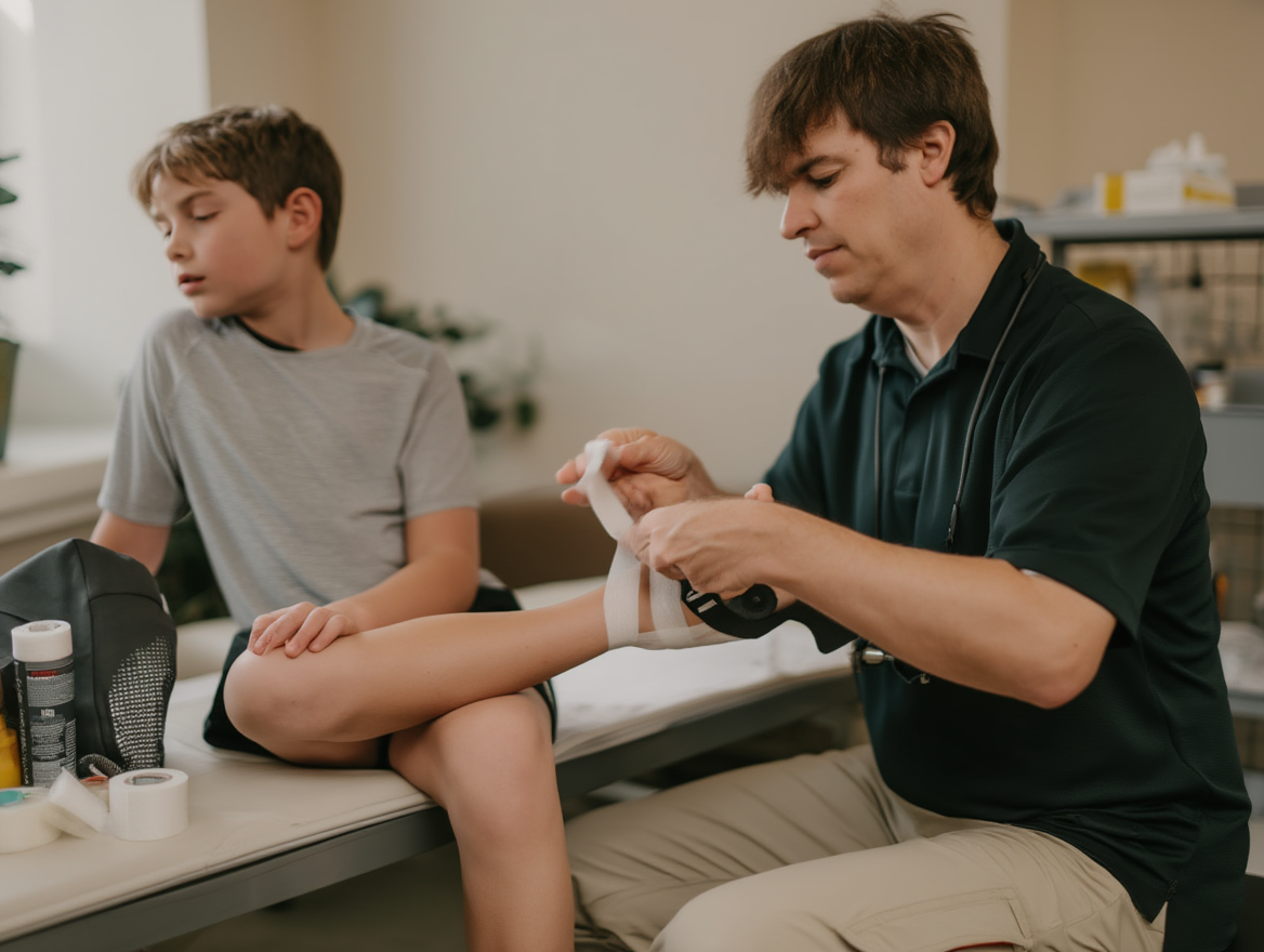 A sports medicine professional wrapping a young boy's ankle on an examination table